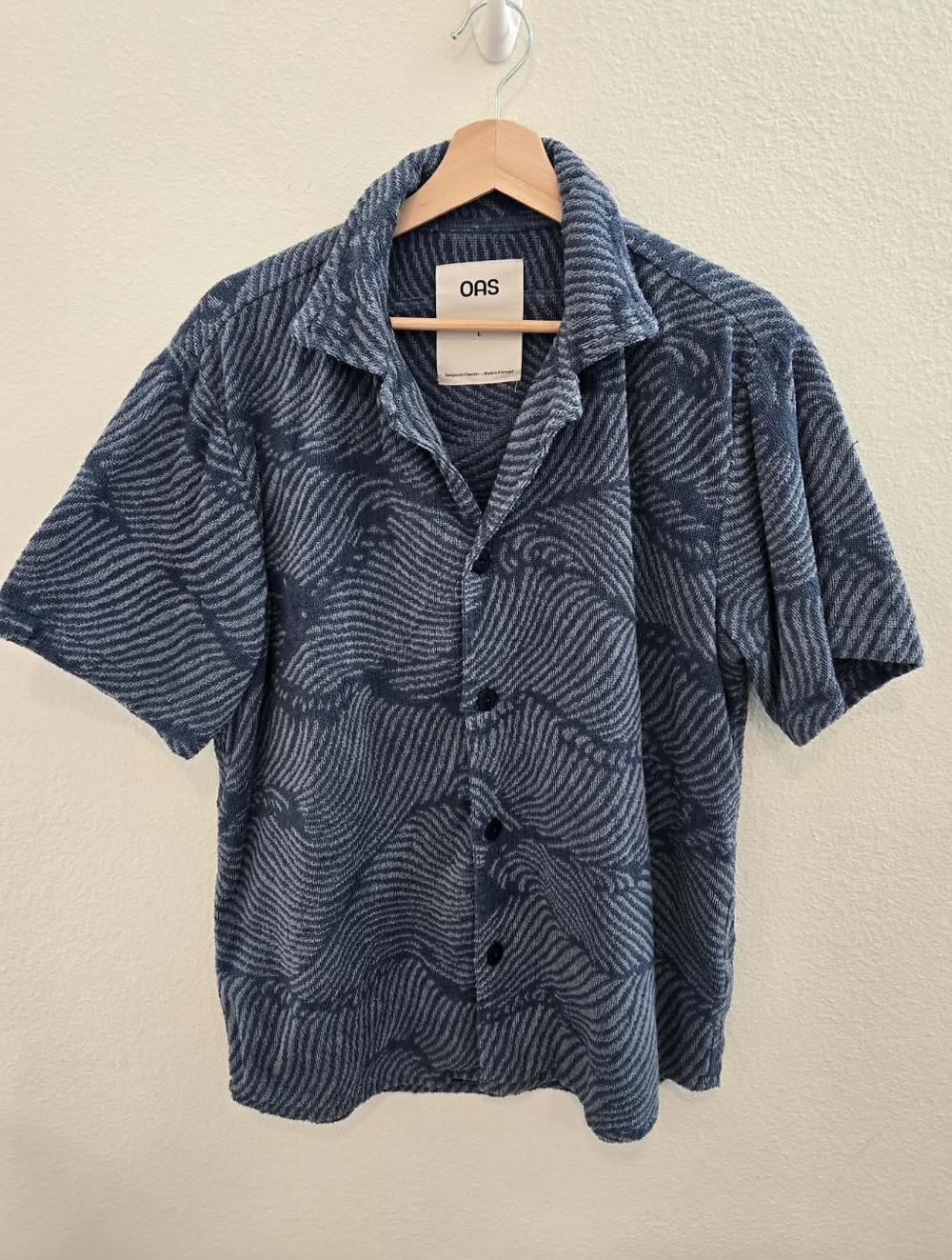 OAS Terry Cloth Towel Shirt Mens Blue Short Sleeve Wavy After Swim Beach large